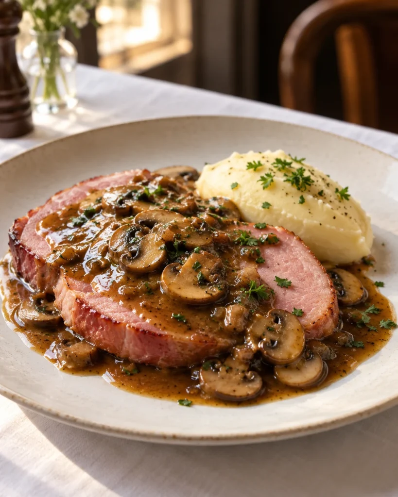 Madère versé sur des champignons dorés et une échalote dans une sauteuse pour la sauce du jambon