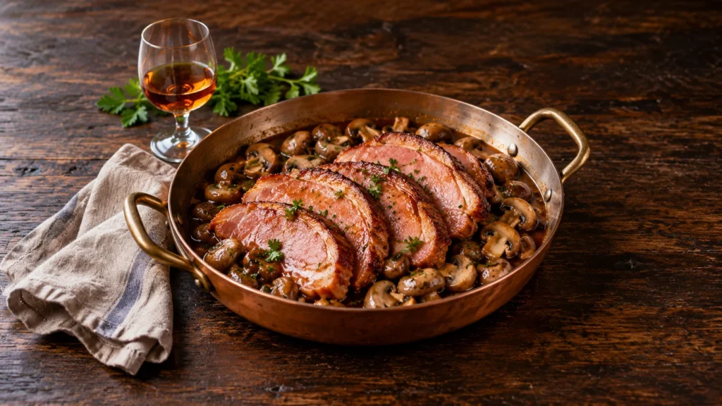 Sauteuse de jambon sauce madère aux champignons de Paris, sauce brune brillante et persil