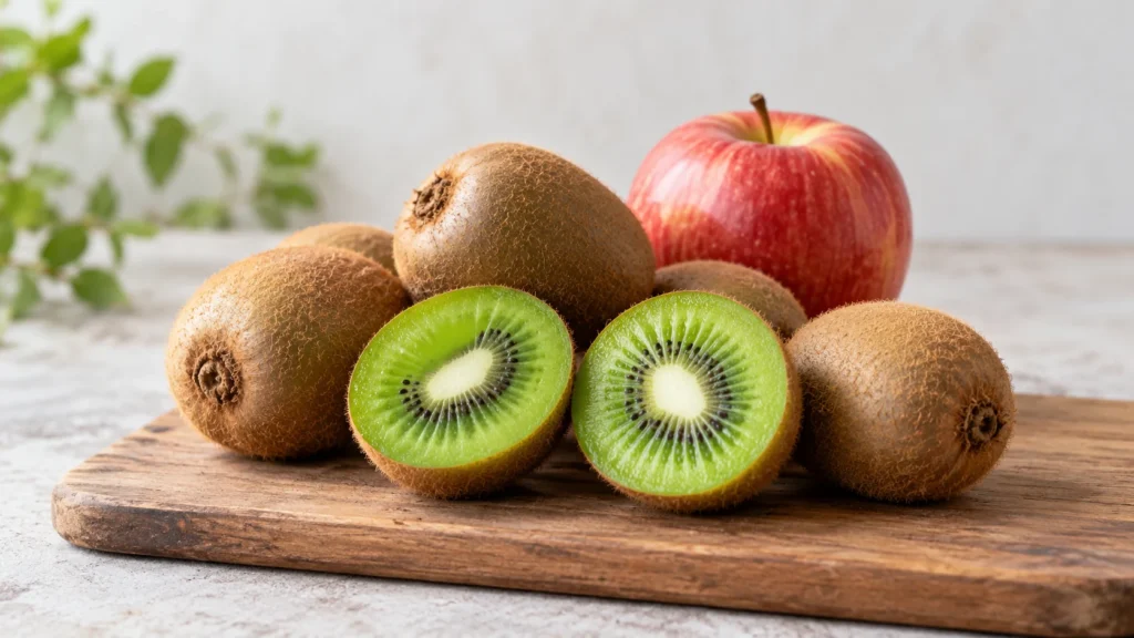 Kiwis entiers et kiwi coupé en deux à la chair verte brillante sur une planche en bois