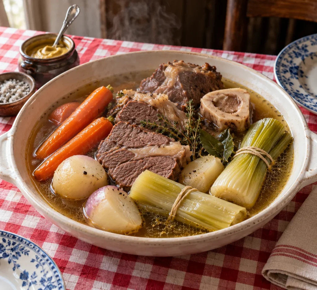 Pot-au-feu servi dans un plat creux : bœuf tranché, carottes, poireaux et navets dans leur bouillon