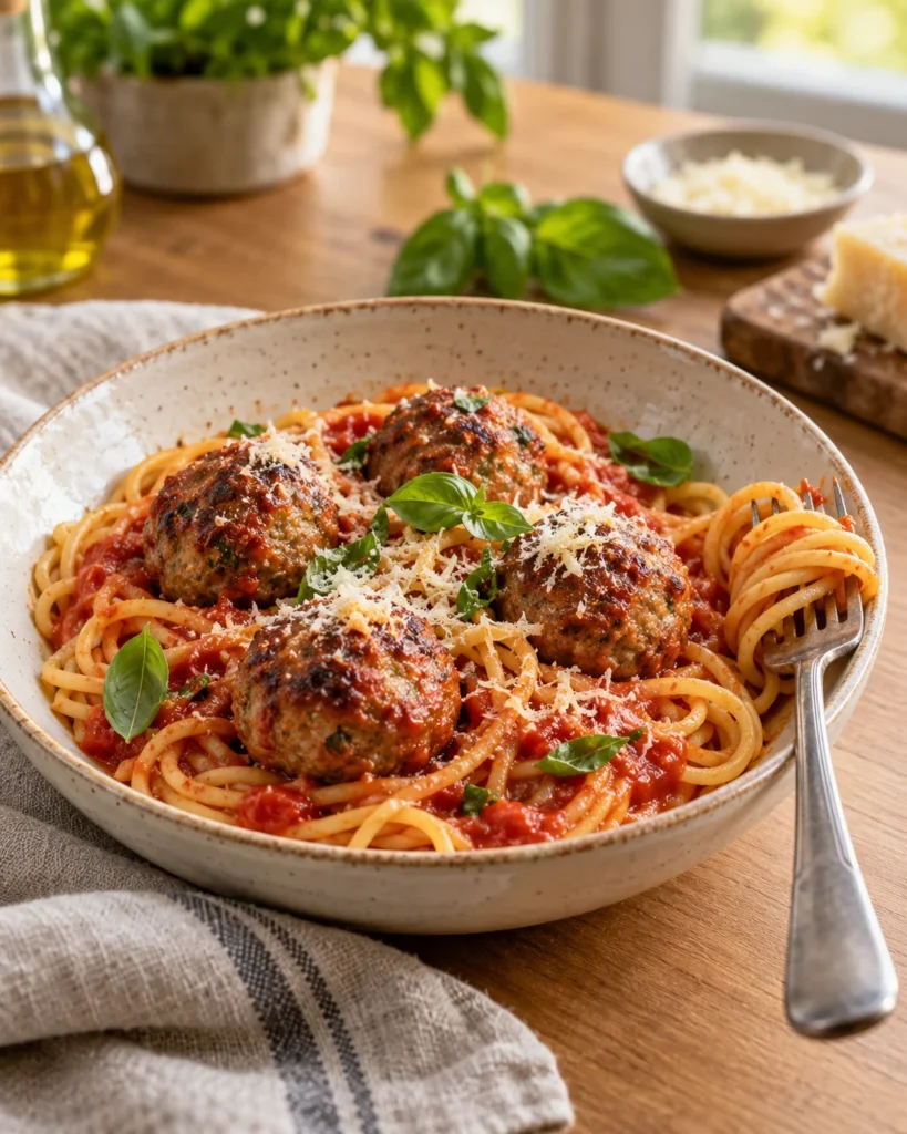 Sauteuse de boulettes de viande hachée mijotées dans la sauce tomate au basilic