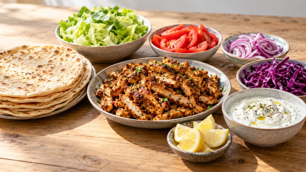 Galettes kebab maison, poulet mariné rôti, crudités et sauce blanche prêts à garnir