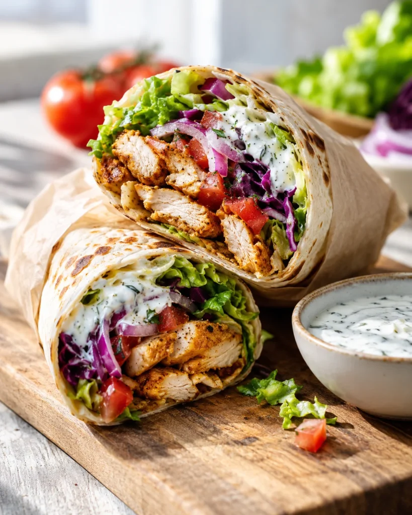 Galette kebab roulée au poulet et crudités Galette kebab maison roulée garnie de poulet mariné, crudités et sauce blanche, coupée en deux