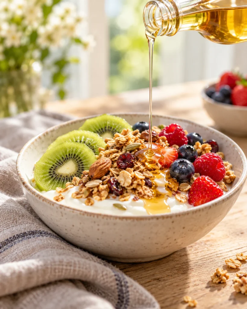 Filet de sirop d'agave versé sur un bol de yaourt nature, granola et fruits frais