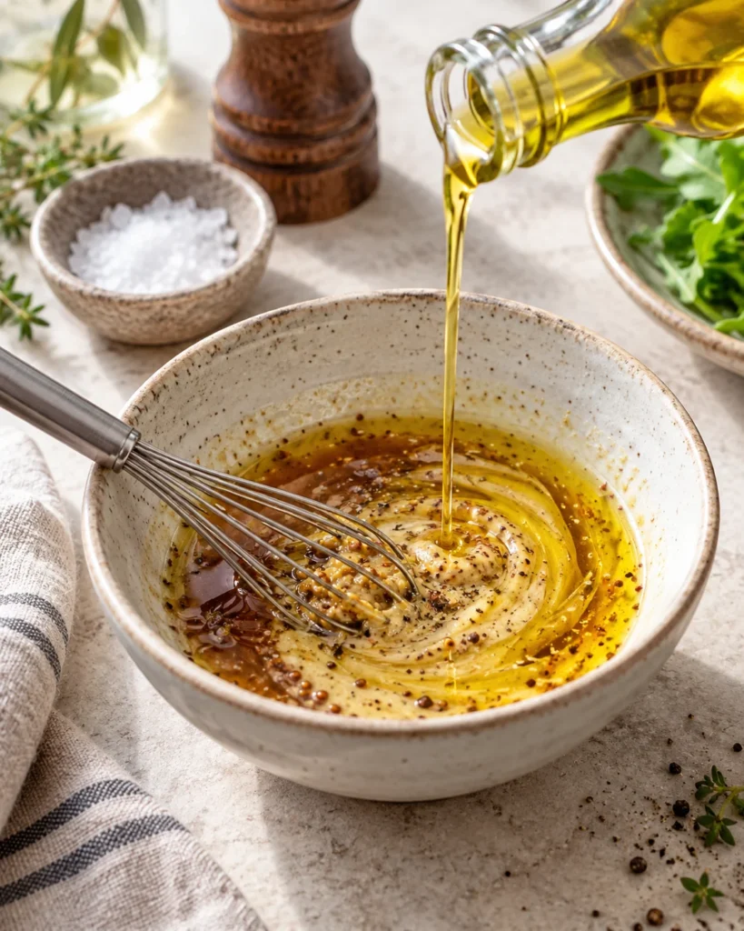 Huile versée en filet dans un bol de vinaigre et moutarde fouetté pour faire une vinaigrette maison