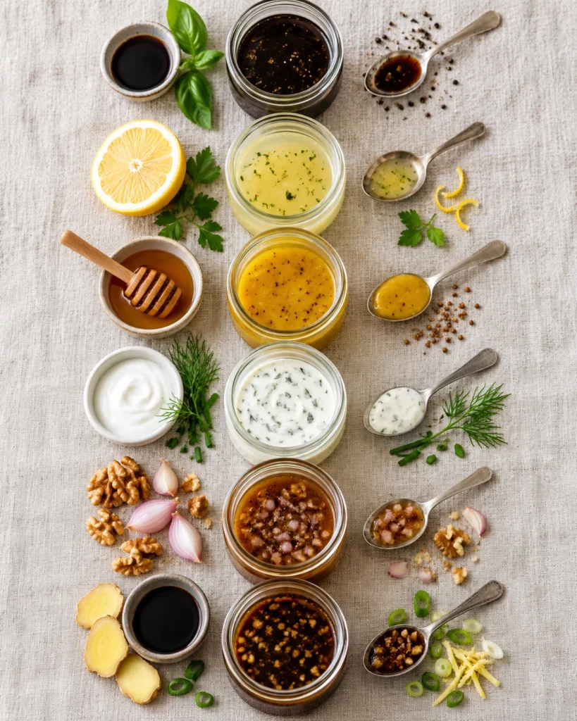 Six petits bocaux de vinaigrette maison : balsamique, citron, miel, yaourt, noix et soja