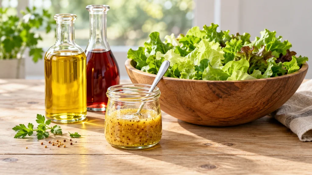 Bocal de vinaigrette maison à la moutarde à côté d'un saladier de salade verte croquante